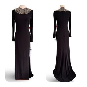 Ieena for Mac Duggal Beaded Collar Long Sleeve Jersey Gown Black Tie Gala sz 6